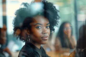 Obraz premium Young black businesswoman in focus during a office meeting