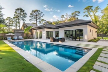 Fototapeta premium Modern home exterior of a backyard pool