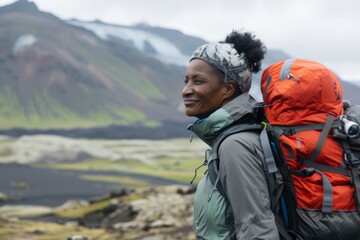 Fototapeta premium Portrait of a middle aged black woman hiking in volcanic landscape