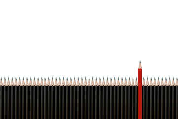 The pencils are all black and the red one is the only one that stands out.