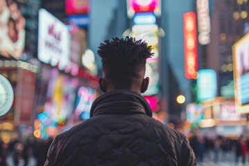 Obraz premium View of a young man facing away in blurred times square