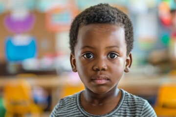 Cute little boy in blurred classroom looking at camera