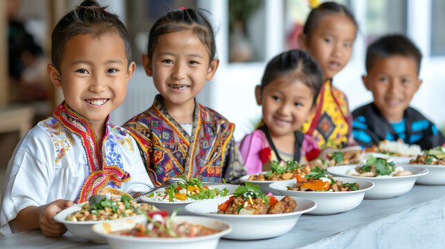 School-age kids in traditional garments, savoring cultural cuisine