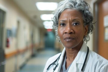 Fototapeta premium Portrait of a middle aged African American female doctor in hospital
