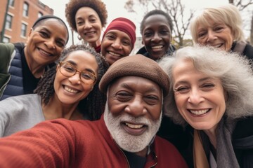 Diverse group of seniors taking a selfie together outdoors