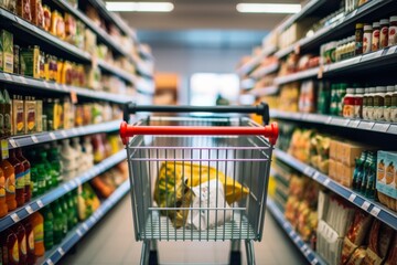 Shopping cart in a supermarket aisle