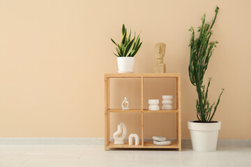 Cacti with stylish shelving unit and home decor near beige wall in room