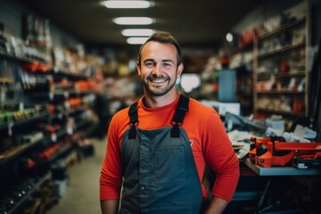 Portrait of a happy salesman in hardware store
