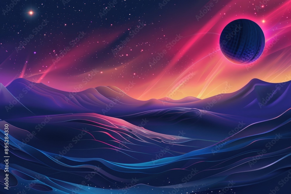 Poster A view of a planet in the sky with mountains in the background, suitable for use in space-themed or futuristic concepts
