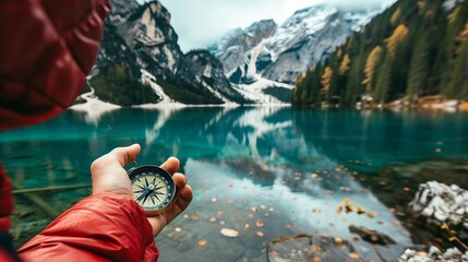 man hand holding navigational travel compass to find direction and next destination place. Concept of travel people and exploring.
