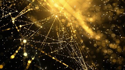 Golden network made of connected dots glowing on dark background representing global connections and digital communication