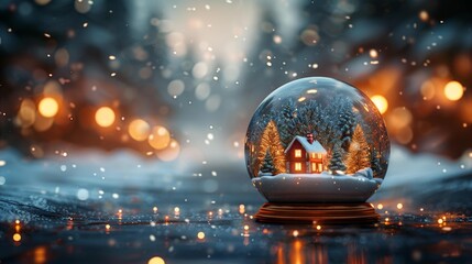Winter wonderland snow globe with cozy cabin - generative ai