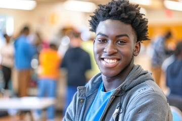 Naklejka premium Young African American male volunteer at community center