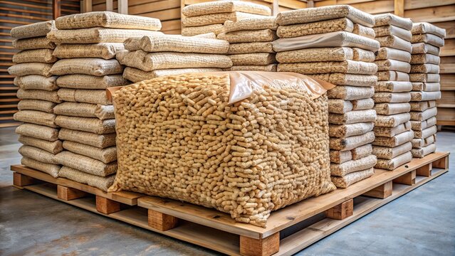 Pallet loaded with bags of wood pellets and fuel bricks for heating , wood pellets, fuel bricks, pallet