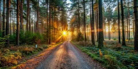 Fototapeta premium A beautiful sunrise illuminating a path through a tranquil forest , sunrise, path, forest, nature, tranquility, bright