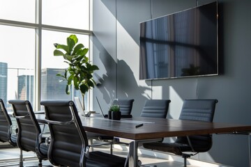 A modern conference room setting with chairs and a flat screen TV