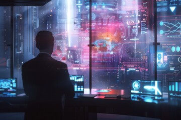 Executive analyzing data on holographic screens, in a futuristic office, with copy space