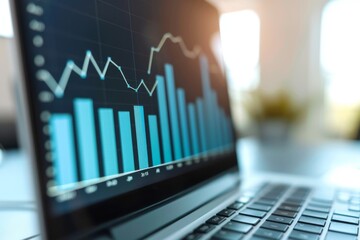 Laptop screen with a upwards growing graph