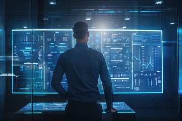 Executive analyzing data on holographic screens, in a futuristic office, with copy space