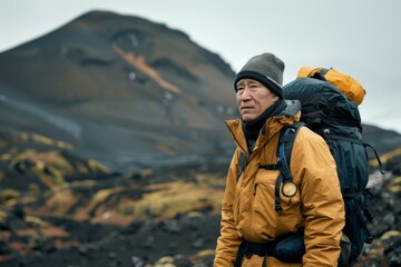 Portrait of a middle aged Asian man hiking in volcanic landscape