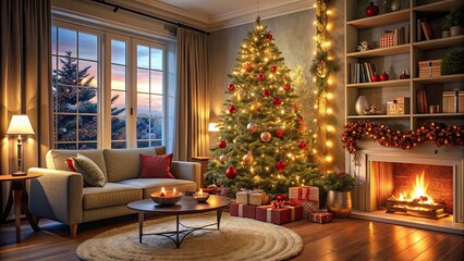 Obraz premium Cozy living room decorated for Christmas with a glowing tree and festive ornaments, Christmas, decorations, holiday, cozy