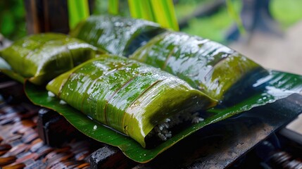 Traditional Indonesian dessert made with sticky rice cooked in banana leaves