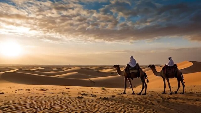 people ride camels in the desert