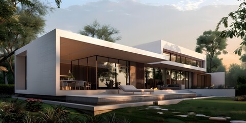 Fototapeta premium Modern Minimalist House Exterior Design With Pool And Lawn