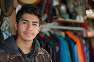Fototapeta premium Portrait of a young Hispanic man in thrift shop