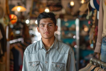 Portrait of a young Hispanic man in thrift shop