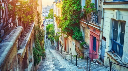Fototapeta premium Montmartre hill with Basilique du Sacre-Coeur in Paris at sunset, aerial view