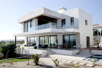 Fototapeta premium Modern White Villa with Glass Balcony and Large Windows