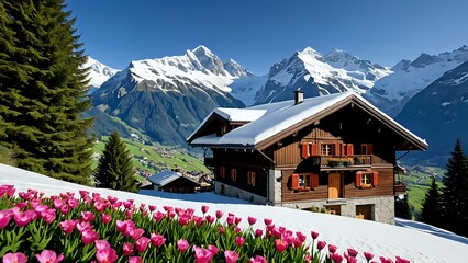 A traditional wooden chalet sits on a snowy hillside with a view of the Swiss Alps in the background.