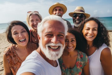 Diverse group of seniors taking a selfie together outdoors