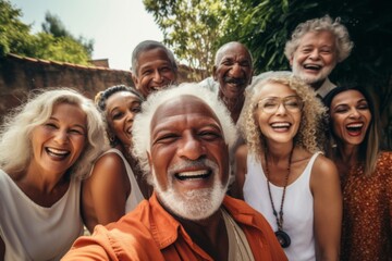 Diverse group of seniors taking a selfie together outdoors