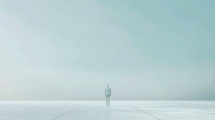 Obraz premium The white figure stands in the center of an opened empty space, with a light blue sky