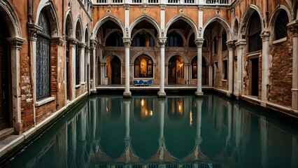 A view of an old building with archways and columns reflecting in still water.