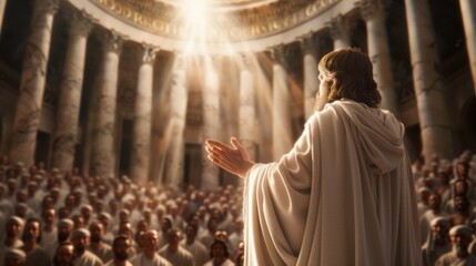 High resolution image of Jesus teaching in the temple. Looking from behind The academics were listening intently. Surrounded by ancient architecture Capture the sacred and historical atmosphere.