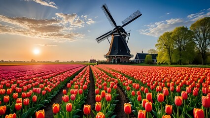 A traditional Dutch windmill stands tall in a field of bright red tulips, the sun setting behind it.
