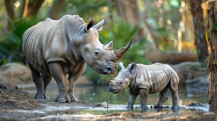 Fototapeta premium Baby White Rhinoceros and mother (Ceratotherium simum). South Africa