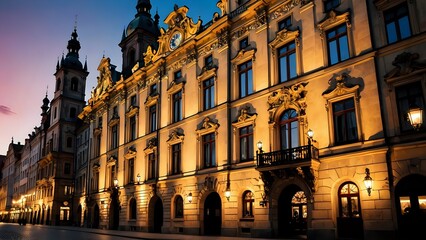 A grand old building with ornate details, illuminated at night.