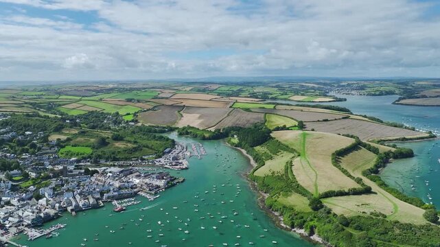Salcombe and Mill Bay over Kingsbridge Estuary from a drone, Devon, England, Europe