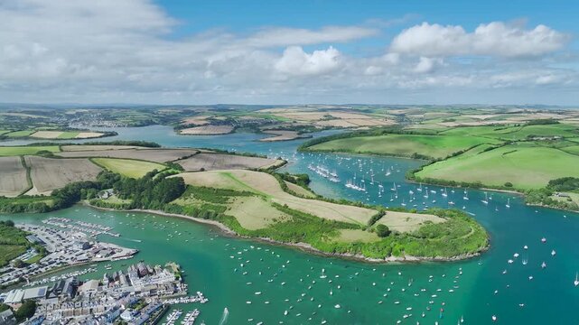 Salcombe and Mill Bay over Kingsbridge Estuary from a drone, Devon, England, Europe