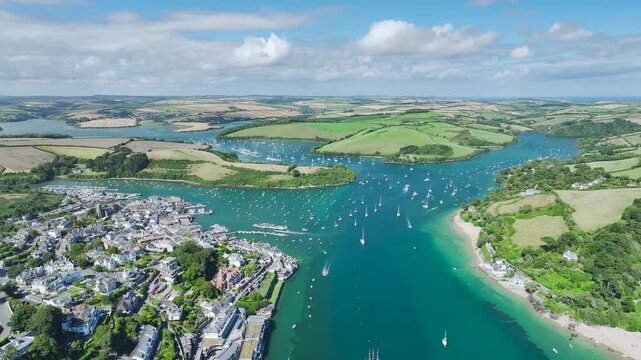 Salcombe and Mill Bay over Kingsbridge Estuary from a drone, Devon, England, Europe
