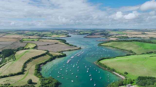 Salcombe and Mill Bay over Kingsbridge Estuary from a drone, Devon, England, Europe