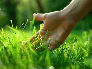 A person's hand touches the grass, highlighting the connection between nature and humanity