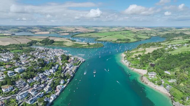 Salcombe and Mill Bay over Kingsbridge Estuary from a drone, Devon, England, Europe