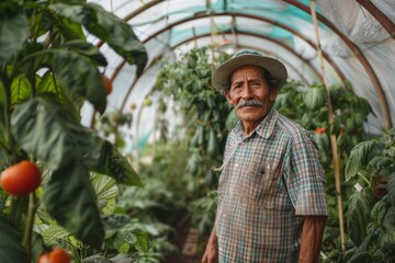 Obraz premium Interior of a greenhouse with middle aged male farmer