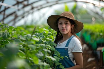 Interior of a greenhouse with young female farmer