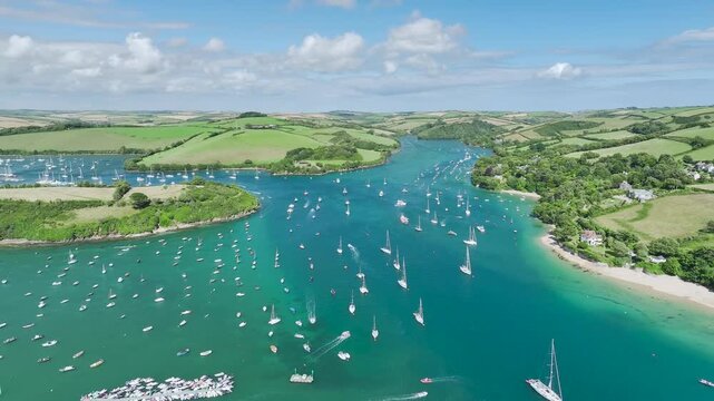 Salcombe and Mill Bay over Kingsbridge Estuary from a drone, Devon, England, Europe